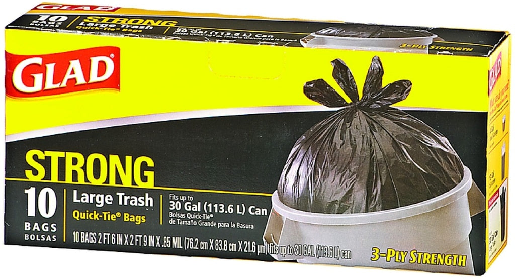 Glad 30 in. X 33 in. 30 Gal. 0.81 Mil Large Quick-Tie Trash Bags Tie-Flap - Black (10/Box 12 Boxes/Carton)